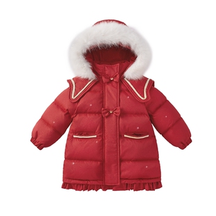 儿童红色羽绒服冬季三岁小童冬装宝宝中长款加厚女童毛绒外套冬款