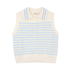 FF BLUE 白色恋人 海盐奶蓝抗起球绵羊绒条纹翻领马甲背心针织T恤