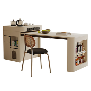 小户型奶油风多功能实木可折叠伸缩泡茶办公一体家用倒岛台餐桌椅