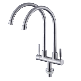 不锈钢一进两出双盆双管横装入墙水槽一分二双用控厨房单冷水龙头