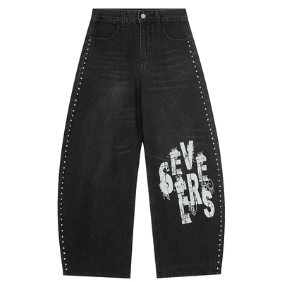 美式铆钉水洗印花设计牛仔裤潮