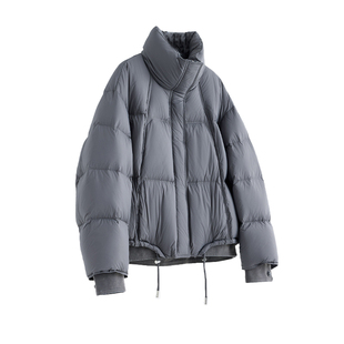 简约高级 短款立领90白鸭绒面包服女冬季蓬松羽绒服加厚外套灰色C