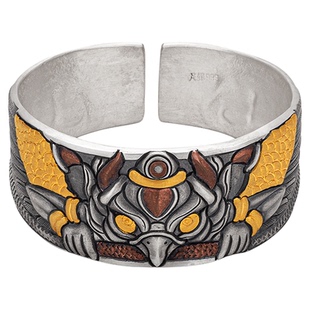 大鹏展翅足银999纯银手镯宽版民族风手工錾刻大鹏鸟嵌金实心银镯