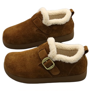 全包勃肯鞋女棉鞋2025冬季圆头真皮羊羔毛加绒保暖平底懒人毛毛鞋