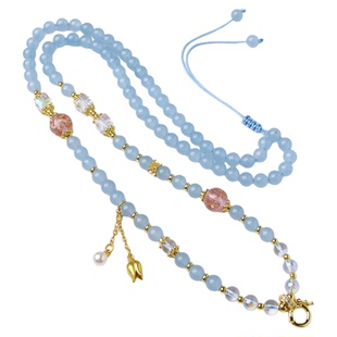 蓝玉髓6mm圆珠佛牌链60cm可调节通用链新中式毛衣链国风流苏