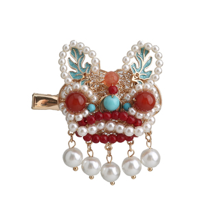 醒狮发夹中式古典女儿童发饰红色马面裙头饰国风汉服发夹古装配饰