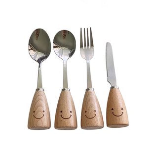 安木良品 ins可爱笑脸厨房家用实木柄不锈钢黄油刀叉子勺子