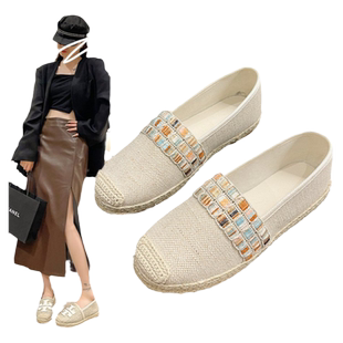 民国复古田园风草编渔夫鞋2025秋冬新款懒人一脚蹬豆豆鞋休闲单鞋