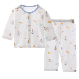 婴儿衣服夏季薄款男女宝宝3-6月1-2岁纯棉长袖分体套装无骨空调服