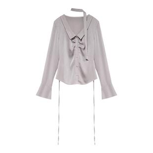 贰羊设计【欣颜】气质灰色缎面条纹衬衫女翻领飘带通勤高级感衬衣