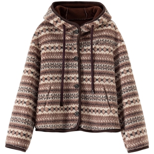 【安悦溪同款】BANANA BABY2025年冬新款费尔岛连帽外套女羊羔绒