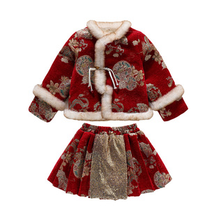 拜年服女童汉服冬装国风套装女宝宝新年唐装红色裙子儿童过年衣服