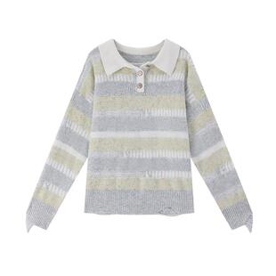 宋芳园同款ablueberry翻领条纹毛衣女韩系复古学院风休闲针织上衣