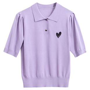 Amii春秋款公主袖五分短袖针织衫女polo领套头冰麻纱爱心绣花上衣