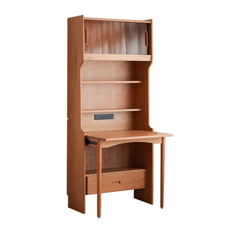 后野实木窄边窄款书桌书柜一体 折叠家用学习桌小户型樱桃木 向阳