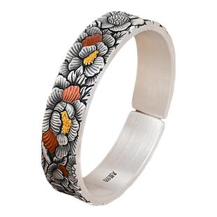 银千造 万花惊鸿足银999实心开口银手镯非遗手工镶金银镯子妈妈款