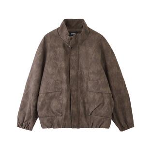 三福2026春季新款男士复古蜡染PU皮衣夹克街头立领宽松外套516543