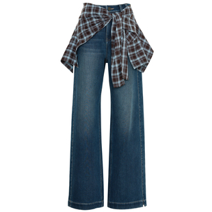 夏莫卡格子屁帘裤叠穿真两件牛仔裤女秋冬一体值绒牛仔直筒裤8386