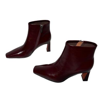 胎牛方头粗跟侧拉链高跟鞋短靴