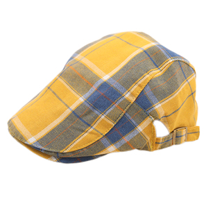 韩版元气风前进帽女拼色格纹柠檬黄色鸭舌帽夏季遮阳显脸小画家帽