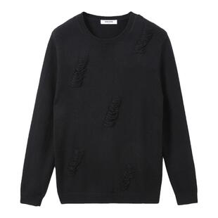 Riverstone流石男装秋季新款宽松黑色针织衫纯色破洞圆领毛衣男潮