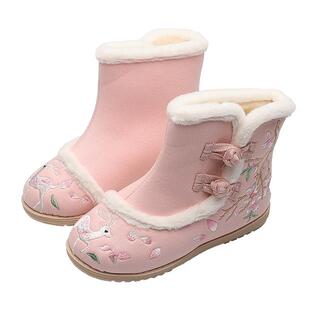 2026新款秋冬儿童汉服鞋子靴子中国风加绒宝宝短靴古风女童绣花鞋