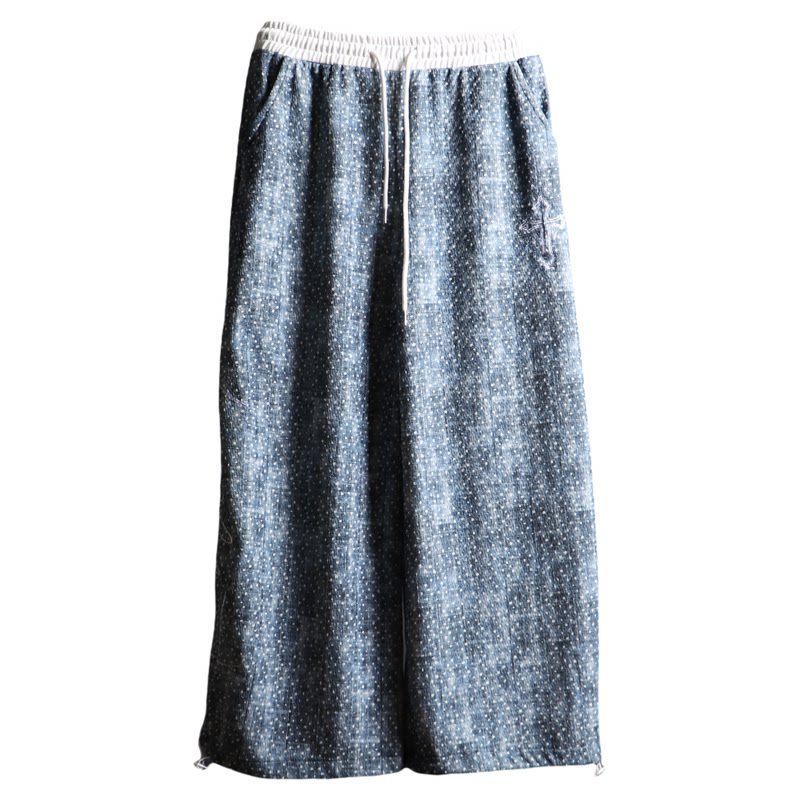 韩国潮牌宽松阔腿休闲裤字母十字刺绣复古松紧腰垂感直筒收脚长裤