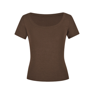 MosesQueen魔西女王咖色大u领正肩短袖t恤女夏季修身显瘦短款上衣