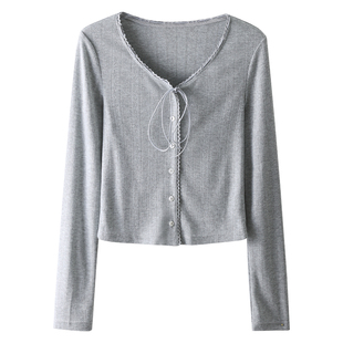 HAMYIHO 设计感蕾丝边系带针织打底开衫女2026新款防晒罩衫上衣薄