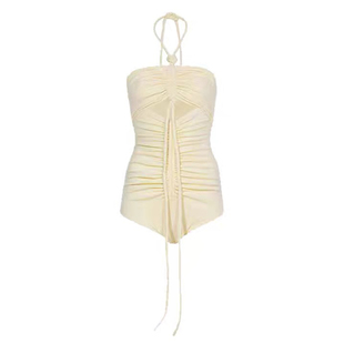 花儿与少年秦岚同款连体米色抽褶挂脖系带纯欲辣妹聚拢显瘦泳衣女