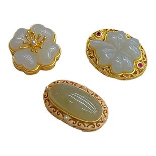 古法金925纯银DIY饰品配件镶嵌天然和田玉手牌四叶小花隔珠手工编