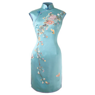 秋冬刺绣蝶戏图手工量身定制桑蚕丝显瘦改良海派旗袍