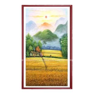 中式手绘红日东升田园丰收图稻田竖版风景油画玄关写字楼家居酒店