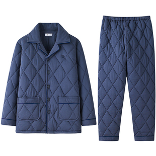 简约睡衣男士秋冬款冬季加厚纯棉长袖家居服男式男款夹棉保暖套装