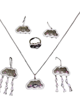 音符露珠云朵水滴宝石耳环 人鱼泪 镀18K金 雨滴云朵锆石项链