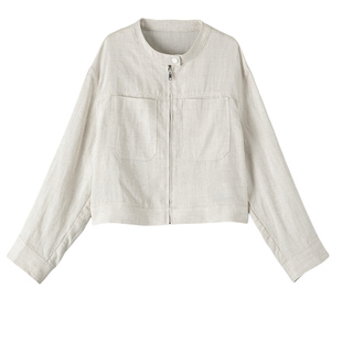 晚白2026年春新款立领莱赛尔亚麻上衣气质百搭大码短夹克外套女