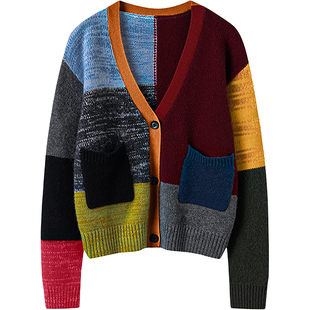 年轻活力不张扬~纯羊绒彩虹色块拼接粗棒针毛衣外套新款针织开衫