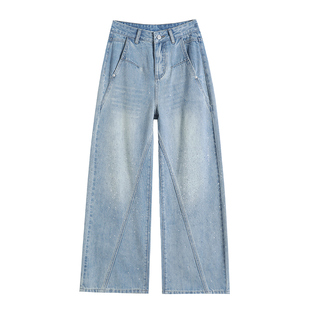 弯刀裤加长女春季单款不加绒爆闪阔腿裤百搭亮片烫钻拖地牛仔裤