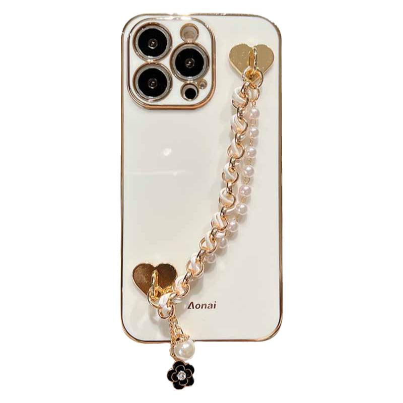 轻奢免打孔爱心珍珠手链适用iPhone16Pro电镀苹果15proMax/13高级感12软胶14手机壳16全包防摔保护套