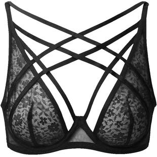 好奇蜜斯性感内衣女黑色蕾丝纯欲绑带文胸罩套装夏薄款大胸显小胸