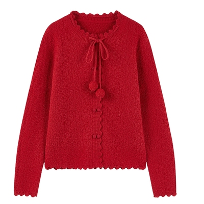 红色系带针织开衫女针织上衣