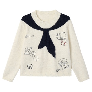 织物猪 香草奶泡 学院风奶白色圆领毛衣女秋冬破旧感套头针织衫