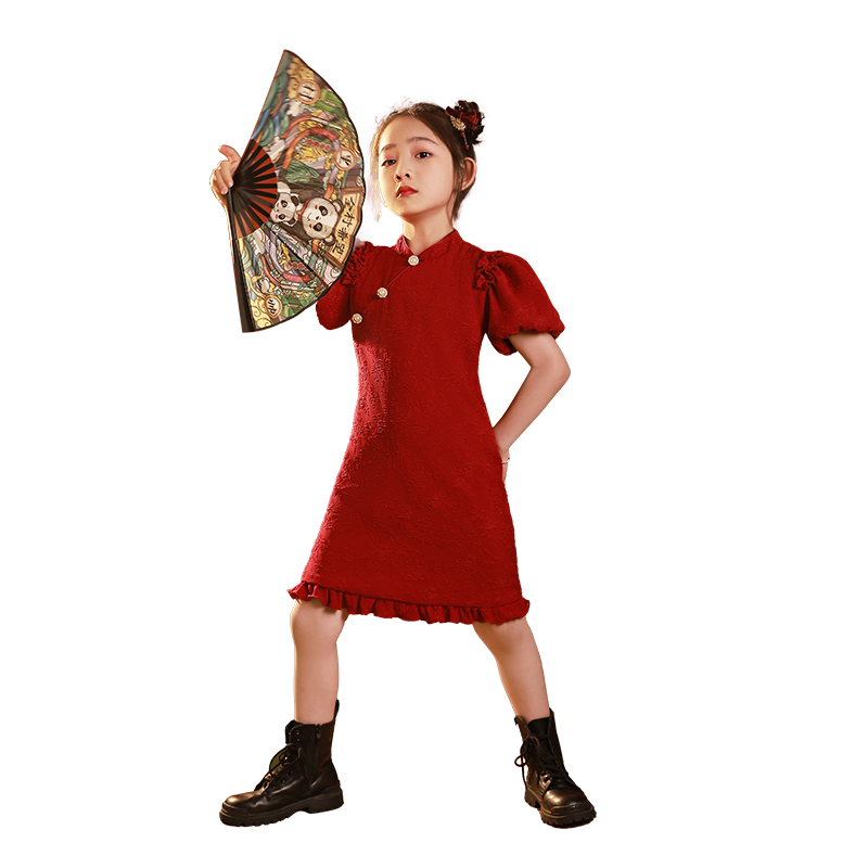 女童晚禮服中式旗袍紅色連衣裙花童婚禮小女孩兒童高級感演出國風