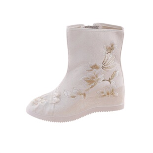 冬季汉服鞋子女内增高加绒绣花鞋低跟古风淡雅改良旗袍古装中式靴