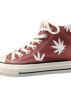 印花枫叶帆布厚底高帮休闲板鞋女