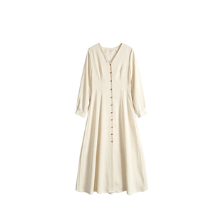 法式白色V领连衣裙女2026年春季新款长袖高级感轻奢中长款裙子