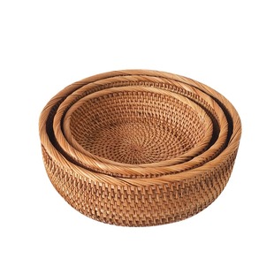 越南藤编收纳筐客厅零食糖果篮桌面收纳盒圆形日式花边中号复古盘