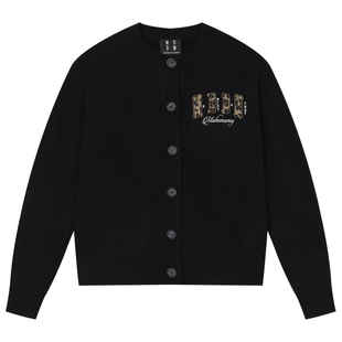 MEDM 双层贴皮豹纹四字字母休闲保暖开衫毛衣通勤百搭男女针织衫