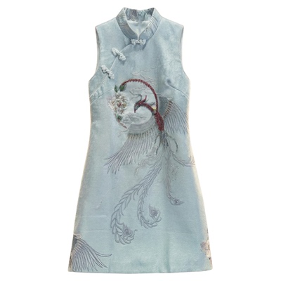 中国风凤凰图案钉珠复古风短裙子民国风无袖旗袍新中式改良连衣裙