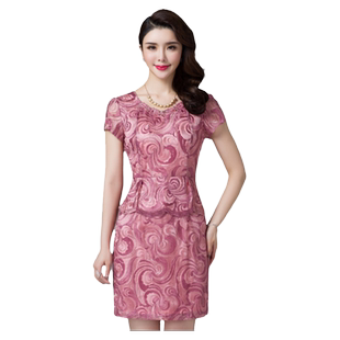 预售古贝莎品牌女装夏装V领手工钉珠网纱刺绣假两件妈妈装连衣裙